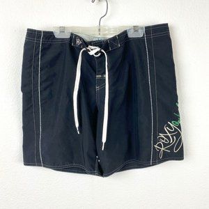 Roxy Quicksilver Y2K Black Surf Board Womens Shorts Logo Tie Front Mid Rise Sz 9